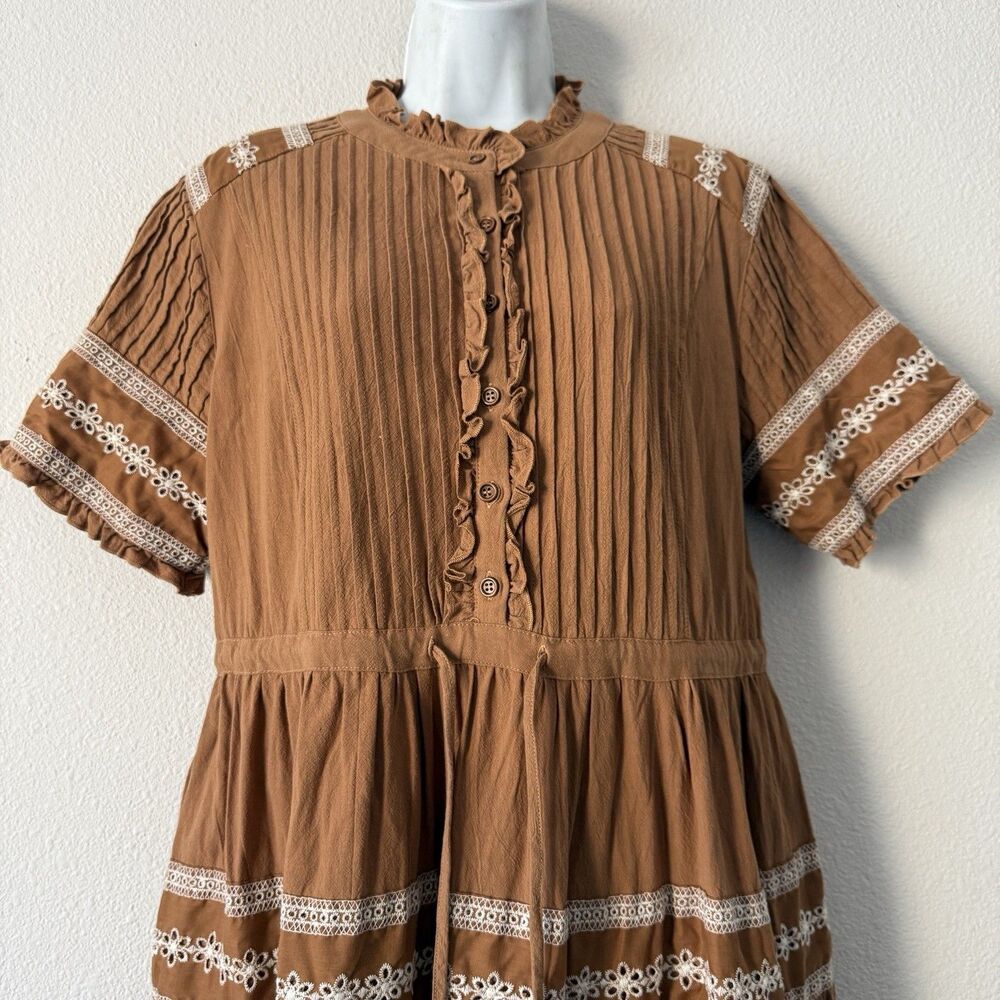 Ivy City Co. Cotton Santorini Dress L Brown Tiered Lace Trim Pintuck Midi Boho - Picture 4 of 10